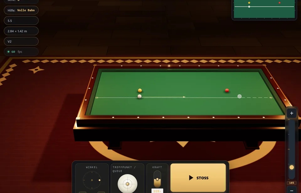 3ball.app-Simulator mit Dreibandtisch und Trainingssteuerung