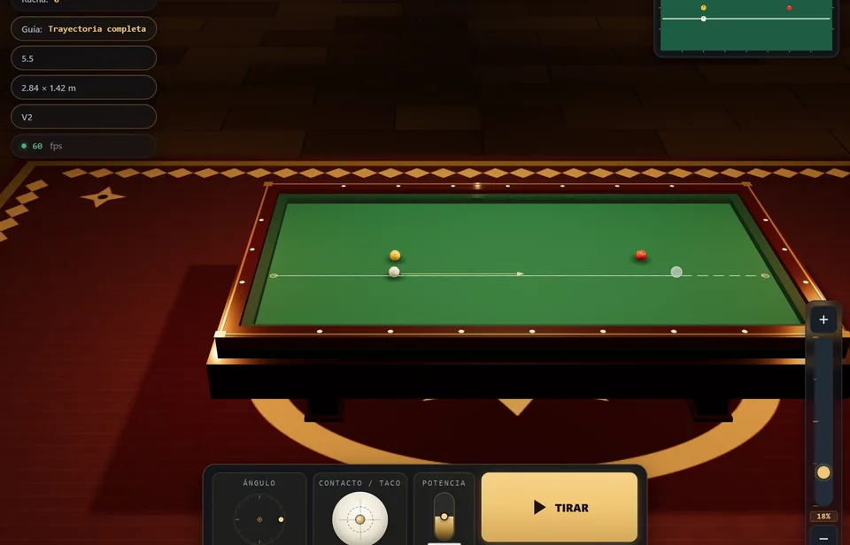 Simulador 3ball.app con mesa de tres bandas y controles de práctica