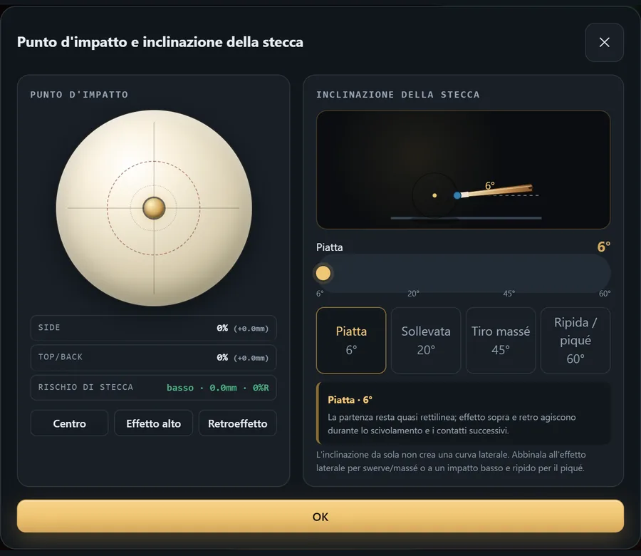 Versione attuale — Contatto fisico della stecca e rotazione fedele delle bilie