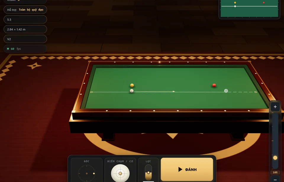 Trình mô phỏng 3ball.app với bàn ba băng và các điều khiển luyện tập